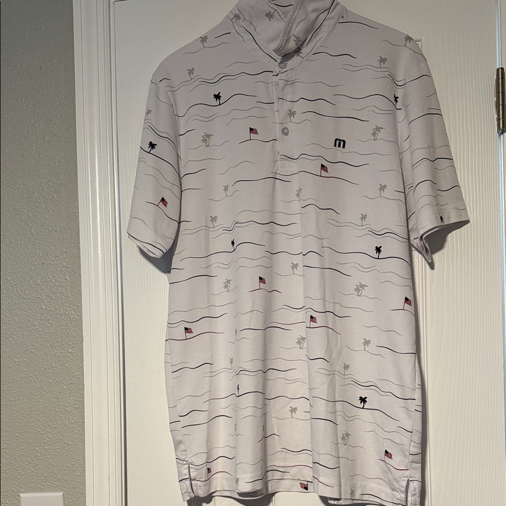 Travis Mathew White Polo with Nautical Patriotic American Flag Accents Large